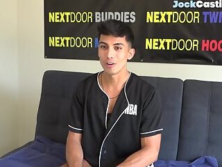 Casted Latino jock masturbates on couch until jizzshot