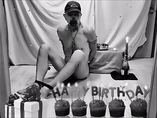 naked pathetic slave in penis cage his birthday surprice, candle light breakfast